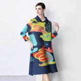 Miyake Pleated Drape Dress – Colorblock Print, 3/4 Sleeve