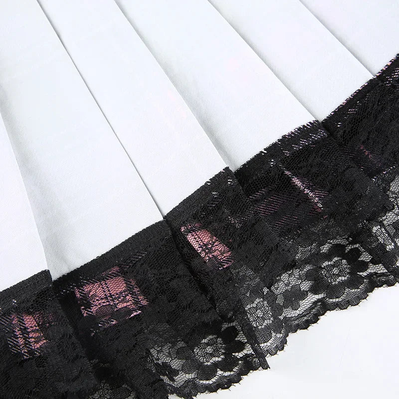 Pink Plaid Y2K Pleated Mini Skirt with Lace Trim