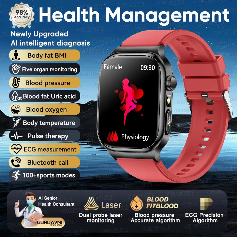2026 New Accurate Measurement Health Smart Watch ECG+PPG Uric Acid Blood Pressure Blood Lipids BT Call Smartwatchs For Men Women