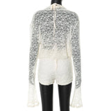 Mozision Lace Two Piece Set Women See Through Long Sleeve T-shirt And Shorts Matching Sets Female Elegant Shorts Two Piece Set