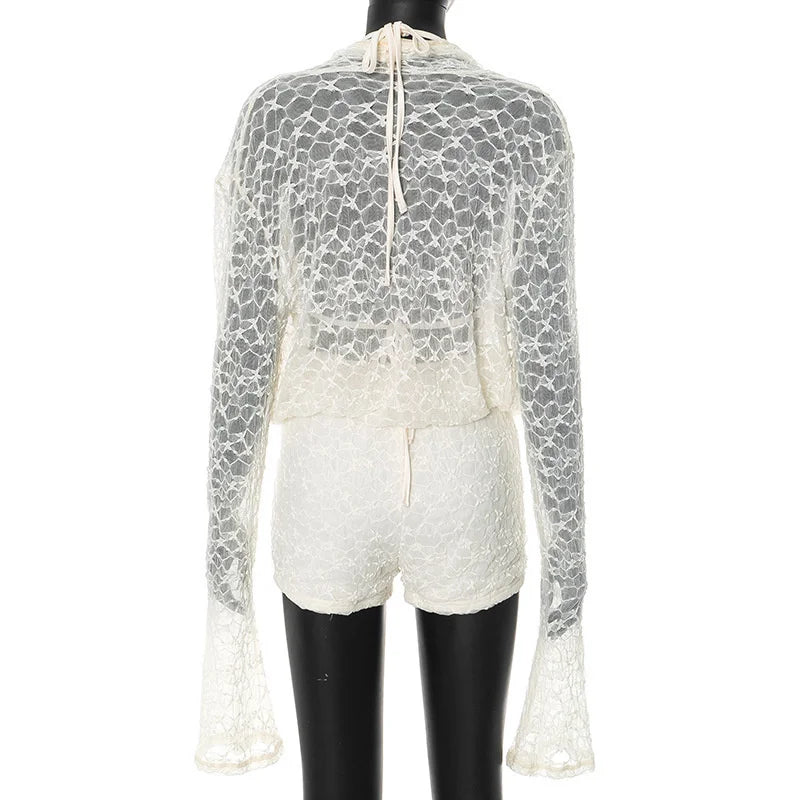 Mozision Lace Two Piece Set Women See Through Long Sleeve T-shirt And Shorts Matching Sets Female Elegant Shorts Two Piece Set