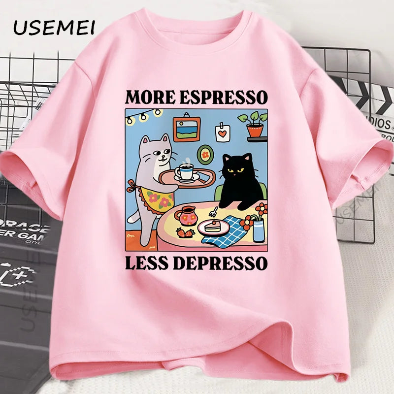 More Espresso Less Depresso Black Cat T-shirt Men Women Funny Coffee Cat T Shirt Casual Summer Cotton Short Sleeve Tshirt Tops