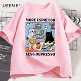 More Espresso Less Depresso Black Cat T-shirt Men Women Funny Coffee Cat T Shirt Casual Summer Cotton Short Sleeve Tshirt Tops