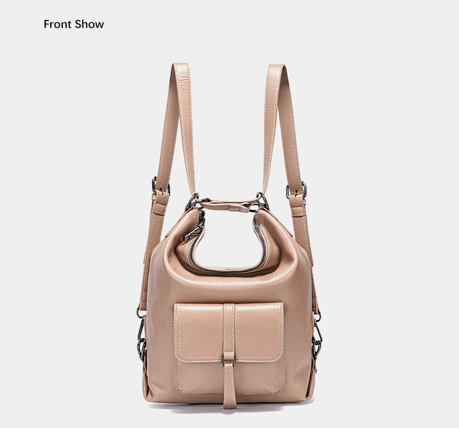 Zency Stylish Women Shoulder Bag 100% Genuine Leather Large Capacity Handbag Multifunction Satchel Bag Backpack Brown 2 in 1 Bag