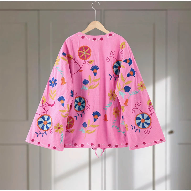 Chic Embroidered Women's Jacket – V-Neck Lace-Up Coat