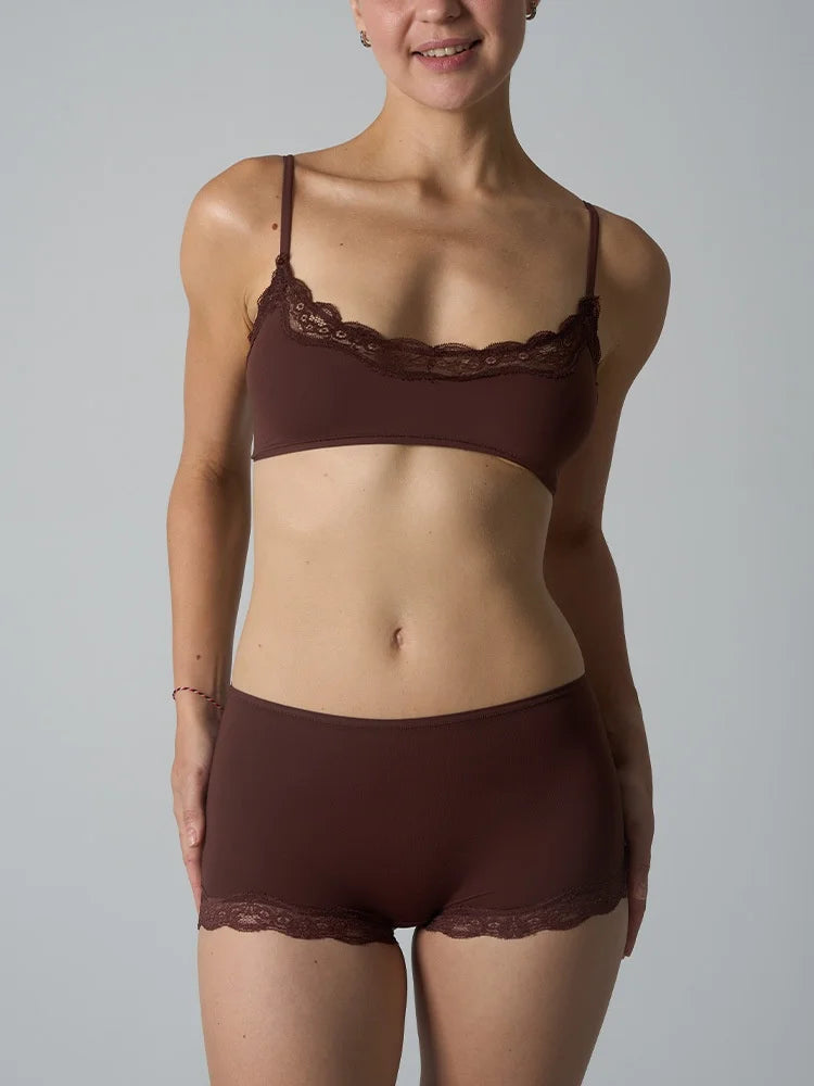 Europe American Simple Pink Light Thin Lace Strap Tank Top Flat Corner Lace Underwear for Women Comfortable Stretchy Short Sets