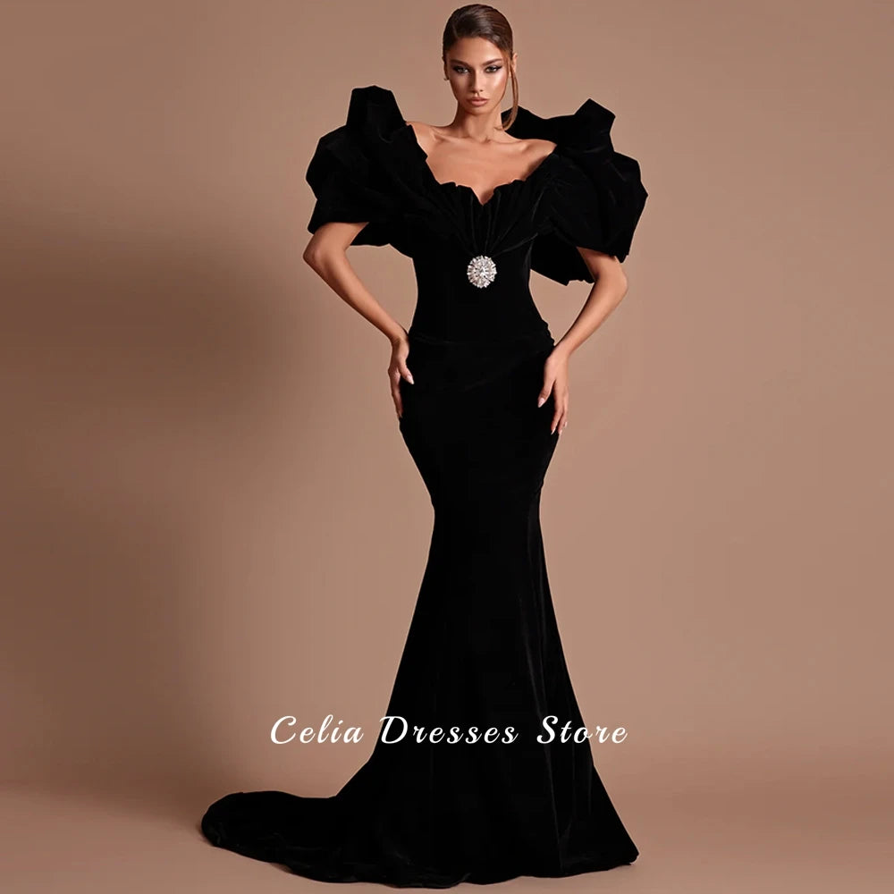 Velour Mermaid Evening Gown | Off-Shoulder Crystal