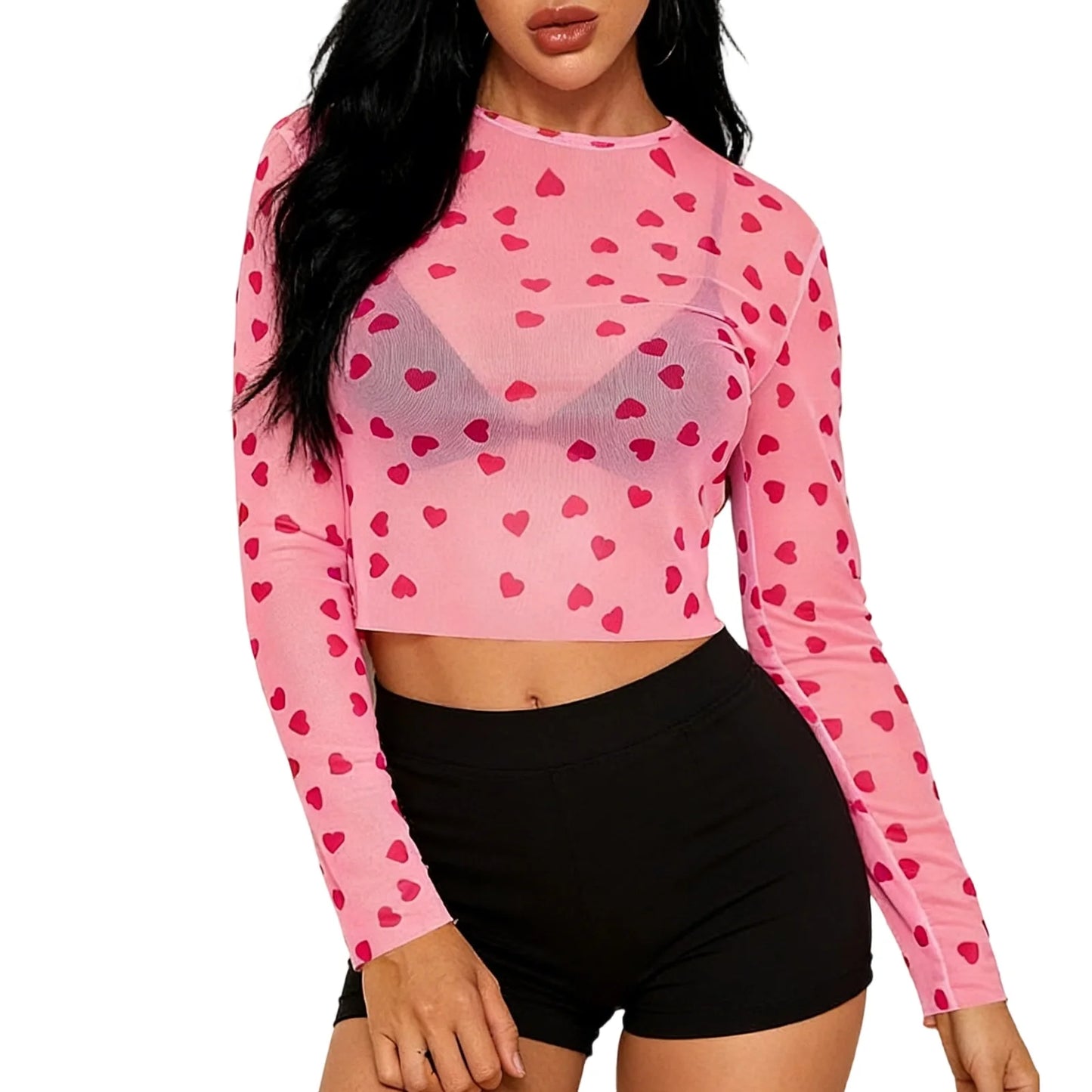 Heart Print Mesh Long Sleeve Crop Top
