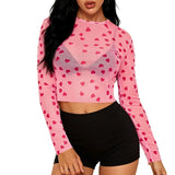 Heart Print Mesh Long Sleeve Crop Top