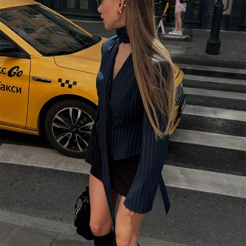Tuularose 3 Piece Dress Set Women Elegant V-Neck Striped Ribbon Blazer Slim Short Dress Set Fashion Luxury Women Party Dress Set