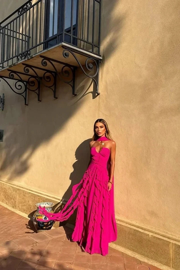 Halter Sweetheart Ruffle Chiffon Evening Gown | Maxi Dress