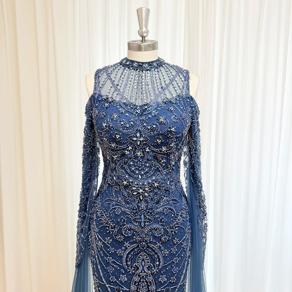 Luxury Beaded Mermaid Evening Gown | Cape Sleeve