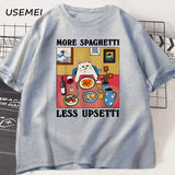 More Spaghetti Less Upsetti Funny Cat T-Shirt Men Women Printed T Shirt Harajuku O Neck Cotton Short Sleeve Tee Shirt Cat Lover