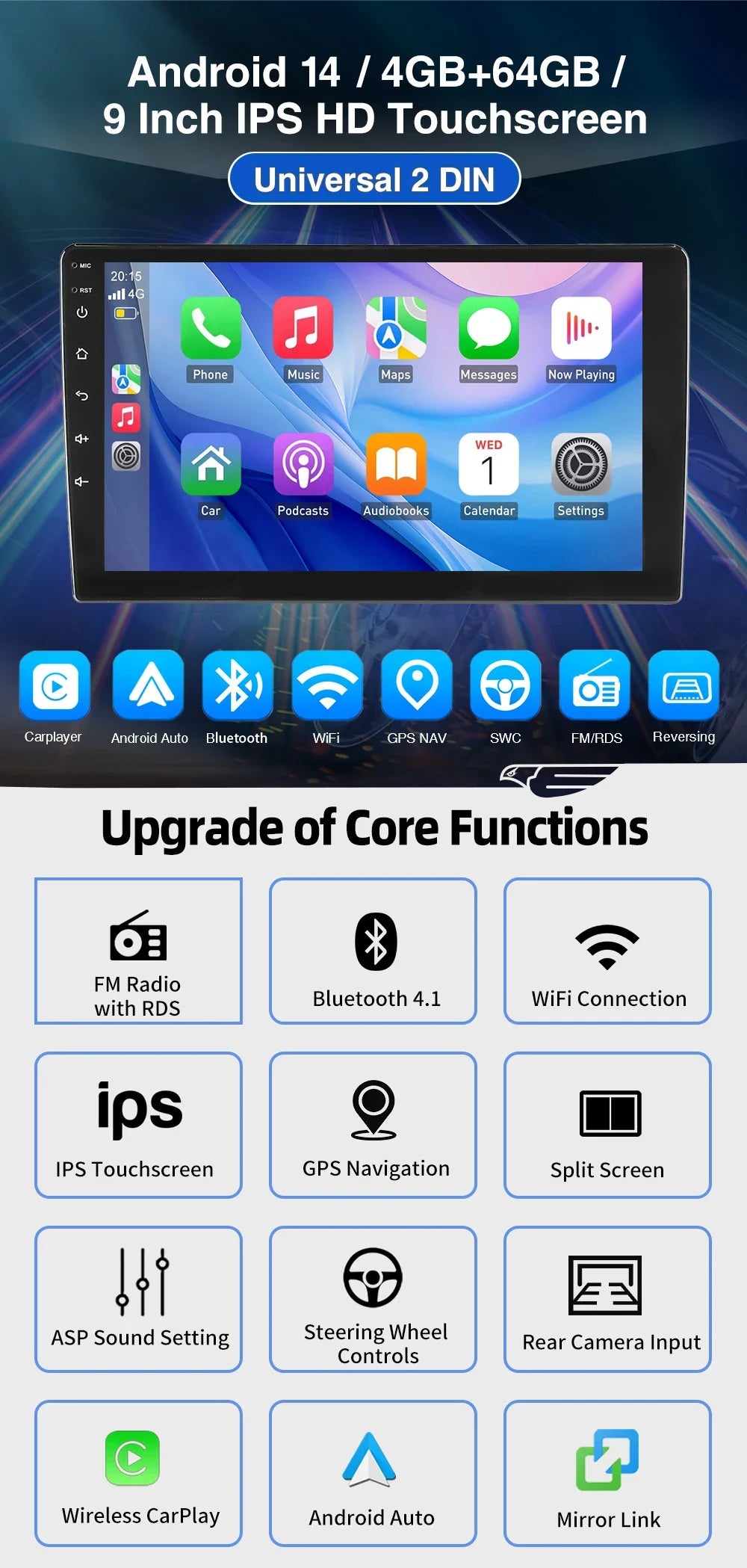 ESSGOO 7"/9"/10" Double Din Car Stereo | Android 14 | CarPlay & Auto