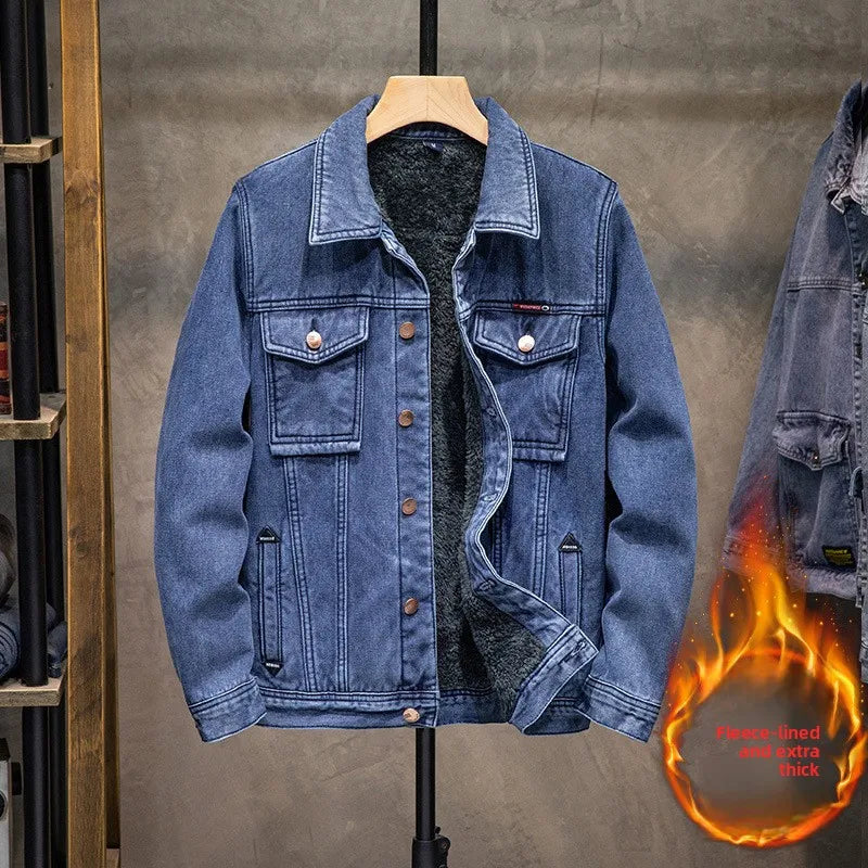 Trendy Workwear Casual Denim Jacket Thickened Fleece Lined Men's Clothing Versatile Jeans Outerwear for Youth