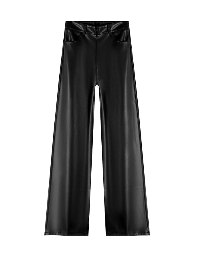 Women's High Waist Faux Leather Wide Leg Fleece Pants
