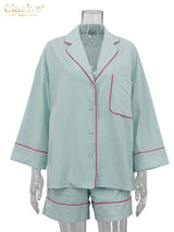 Clacive Fashion Loose Blue Cotton Home Women's Two Pieces Set 2025 Elegant Long Sleeve Shirt With High Waist Shorts Set Female