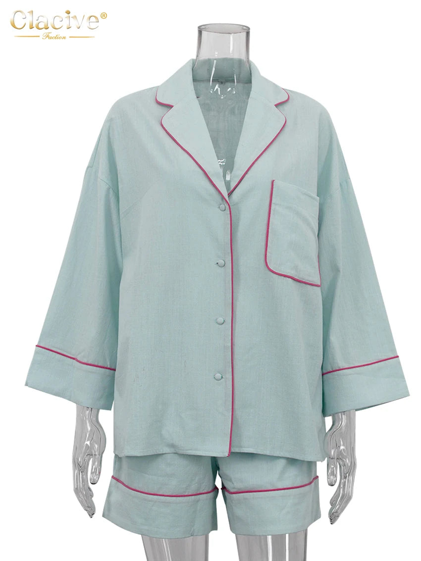 Clacive Fashion Loose Blue Cotton Home Women's Two Pieces Set 2025 Elegant Long Sleeve Shirt With High Waist Shorts Set Female