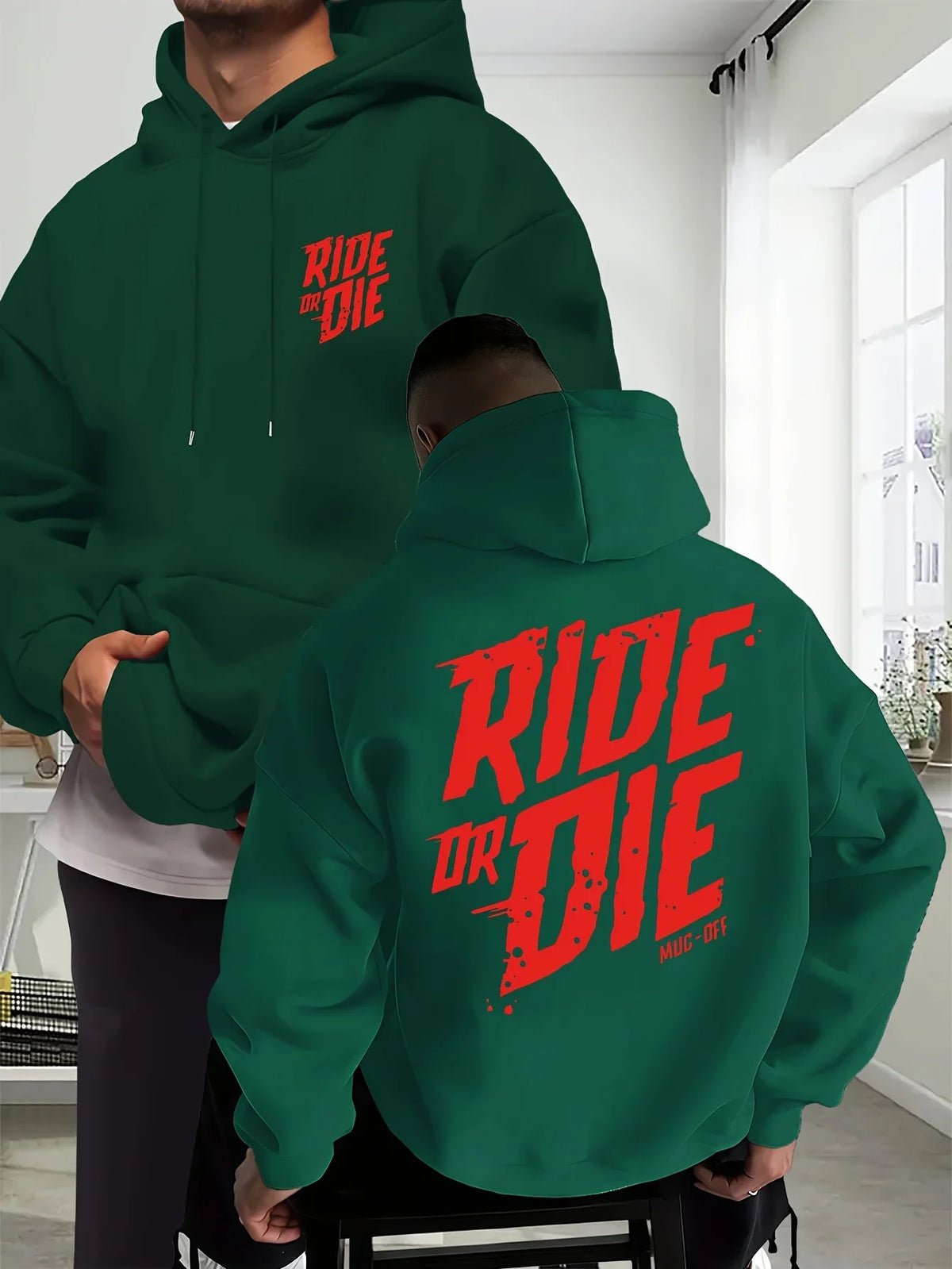 Men's Biker Hoodie Ride Or Die Letter Graphic Back Print Oversized Sweatshirt Motorcycle Streetwear Autumn Winter