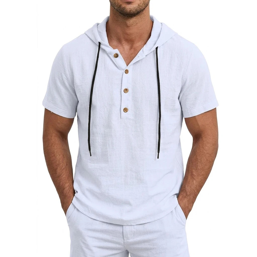 Men's Linen Cotton Hooded Shirt — Lightweight Short Sleeve Button Top
