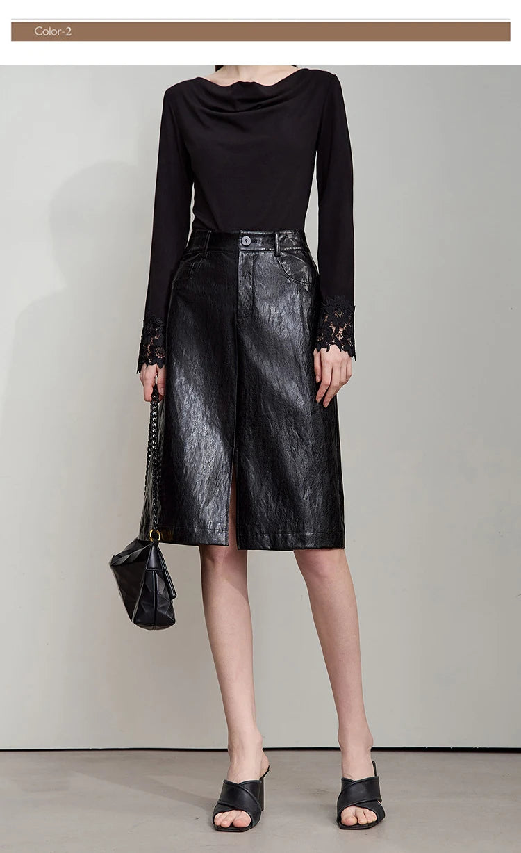 AMII Minimalist PU Leather Skirt for Women