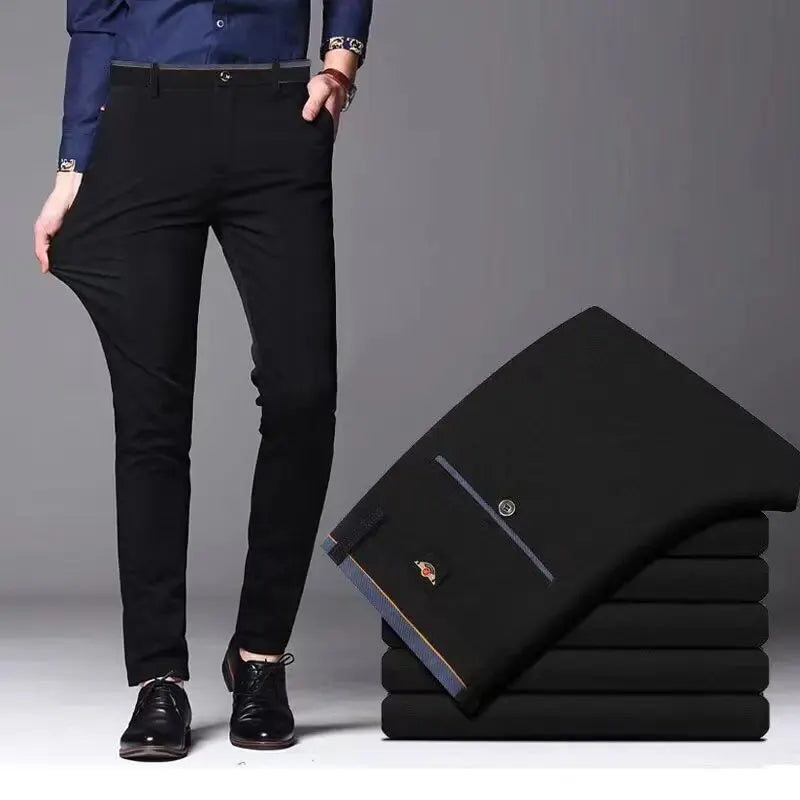 Men's Elastic Straight Pants Business Casual Long Suit Pants Male Formal Trousers Solid Colors Black BLue
