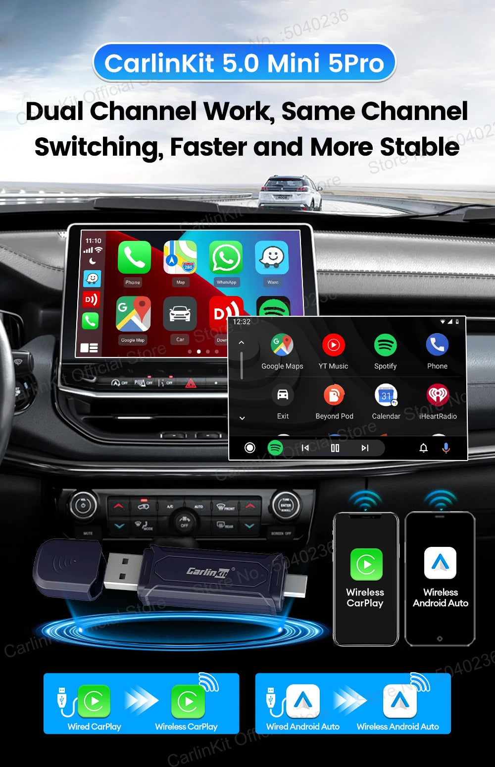 CarlinKit Mini5 Pro Wireless CarPlay & Android Auto Adapter
