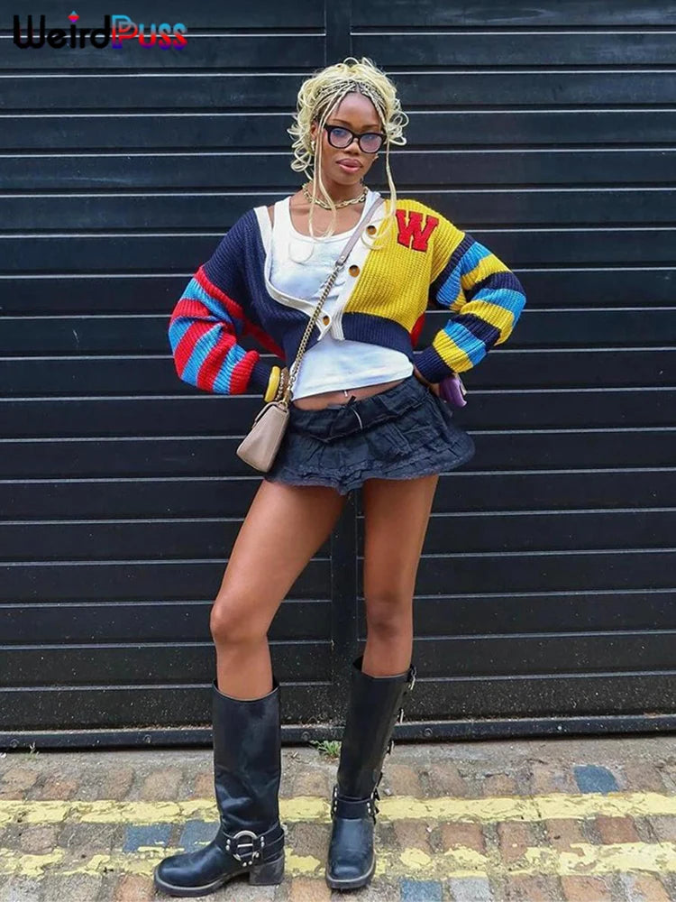 Y2K Letter Print Patchwork Cardigan