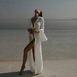Womens V-Neck Ruffled Chiffon Beach Tunic - Long Sleeve Sunscreen Cover-Up Dress