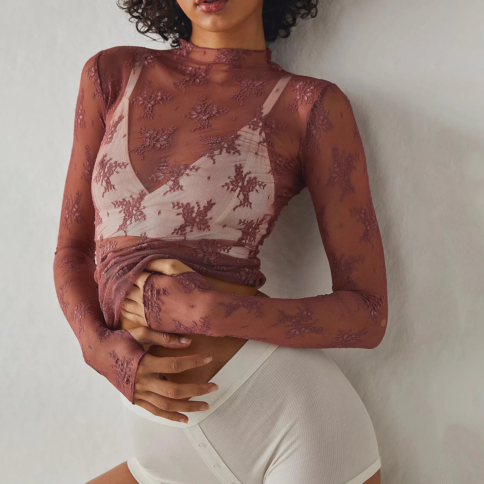 Women's Long Sleeve Mock Neck Lace Top