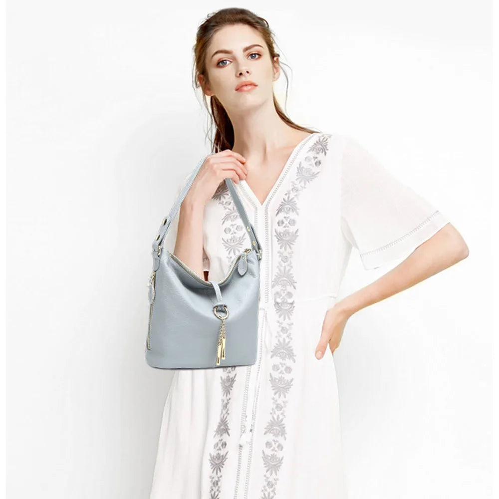 Zency Elegant Blue Women Shoulder Bag 100% Genuine Leather White Hobos Handbag Lady Messenger Purse Charm Lock Decoration Red