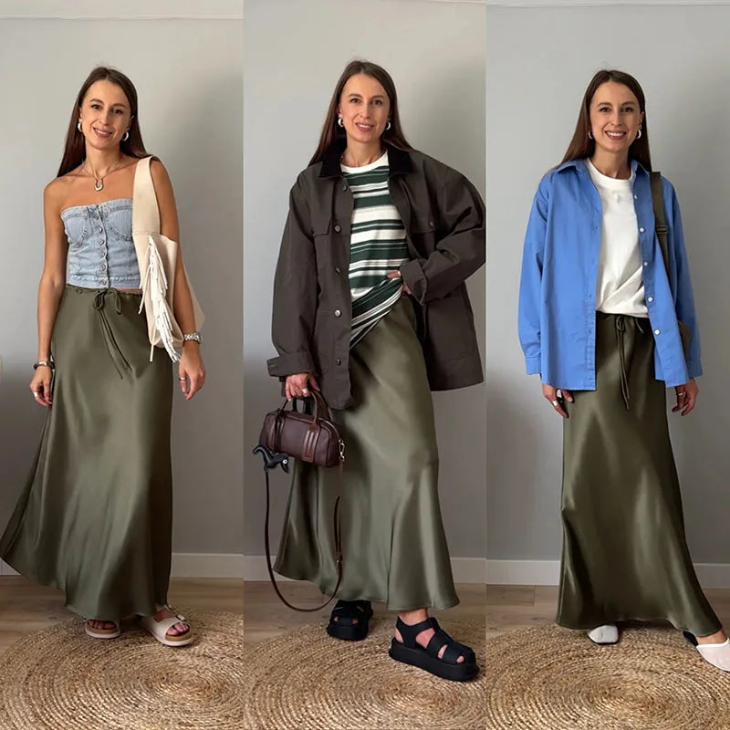 Women's Satin Maxi Skirt – Elegant Ankle-Length
