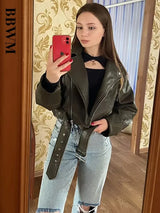 Women's Faux Leather Belted Moto Jacket