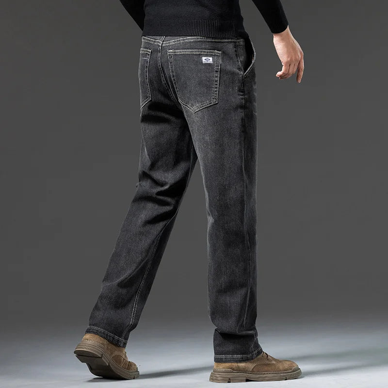 Men's Winter Fleece Thicken Lightweight Business Straight Leg Jeans Solid Color Versatile Slight Elastic Long Pants