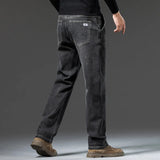 Men's Winter Fleece Thicken Lightweight Business Straight Leg Jeans Solid Color Versatile Slight Elastic Long Pants