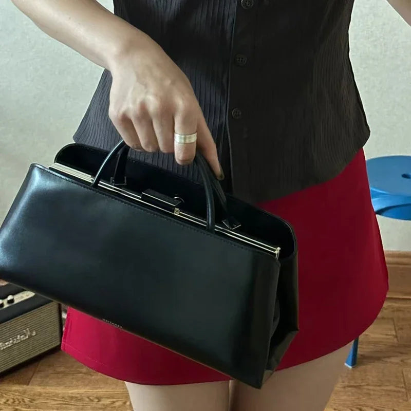 Minimalist Rectangular Frame Handbag Metal Lock Hard Shell Top Handle Bag Elegant Office Commute Shoulder Purse For Women