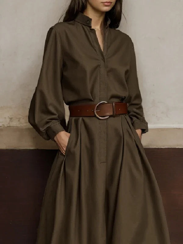 High-Waisted Wide Leg Jumpsuit - Half-Collar Long Sleeve One-Piece