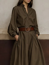 High-Waisted Wide Leg Jumpsuit - Half-Collar Long Sleeve One-Piece