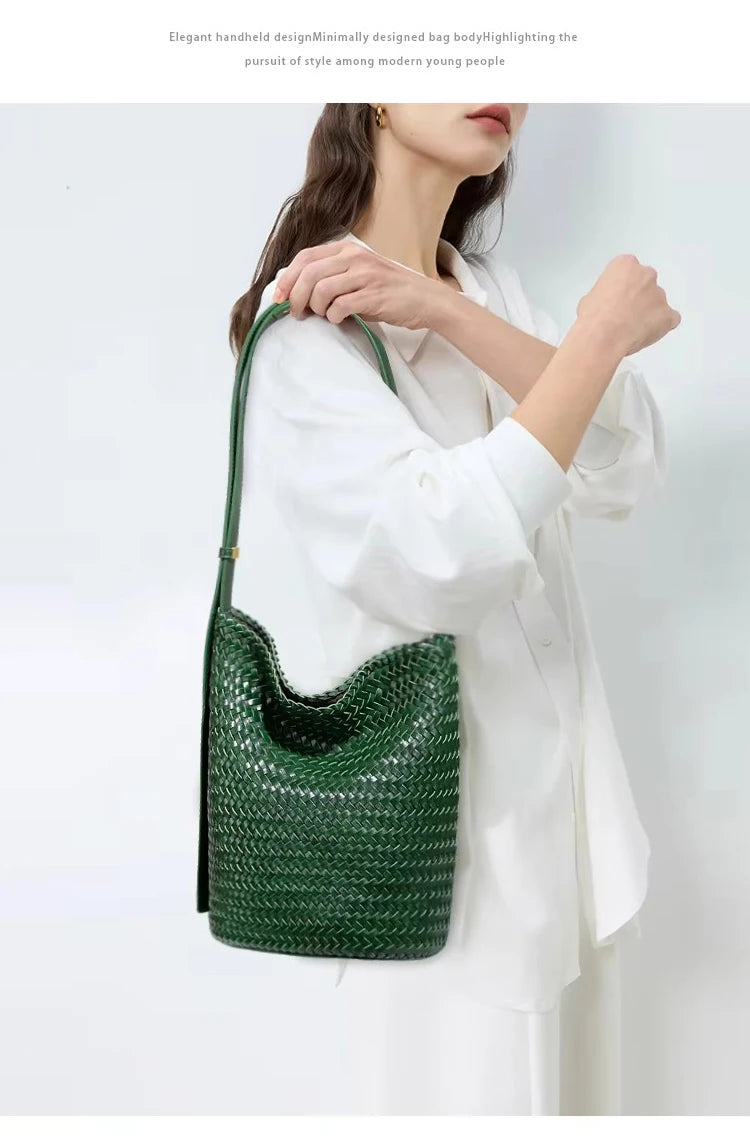 Luxury Women's Shopping Bag New High-End Hand-Woven Leather Bucket Bag Large-Capacity Shoulder Messenger Bag Commuter Tote Bag