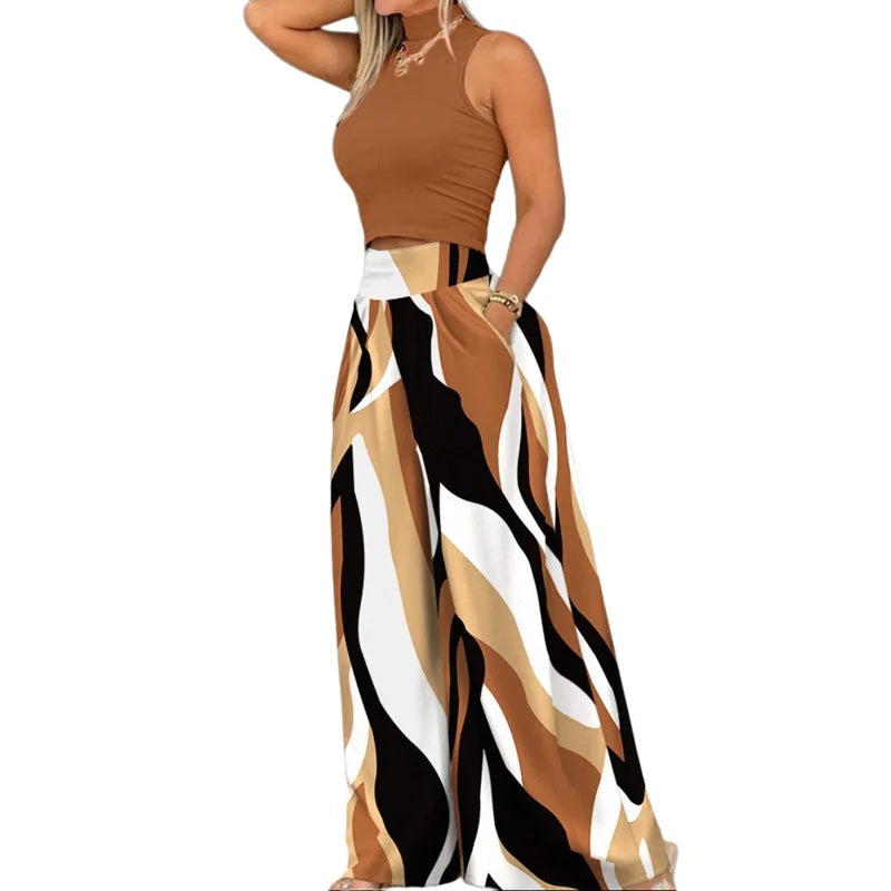 2026 Summer Fashion Printing Two Piece Set Women Casual Solid Sleeveless Tank Top Wide Leg Pants Two Piece Set Women