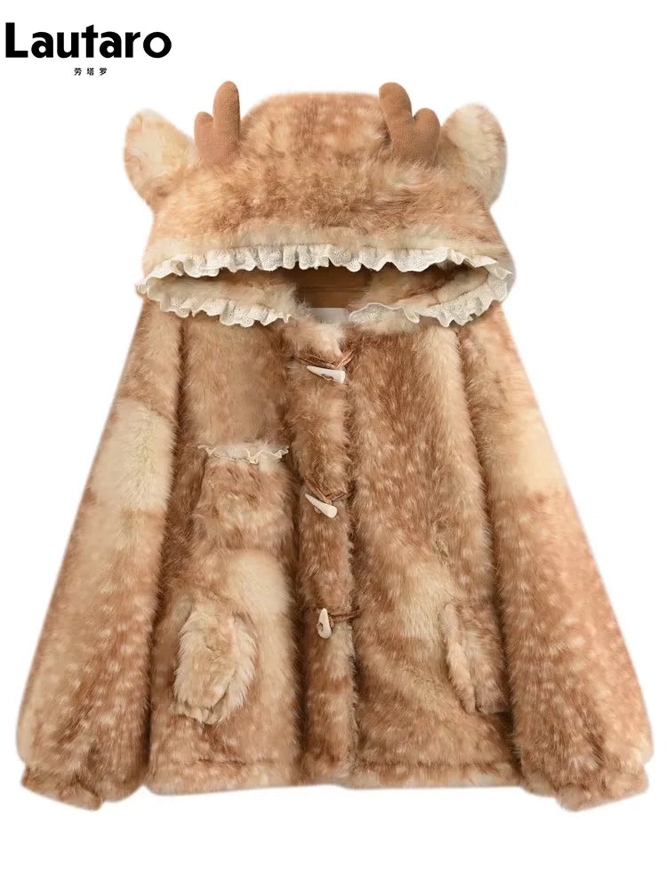 Women's Hooded Faux Fur Coat with Deer Ears