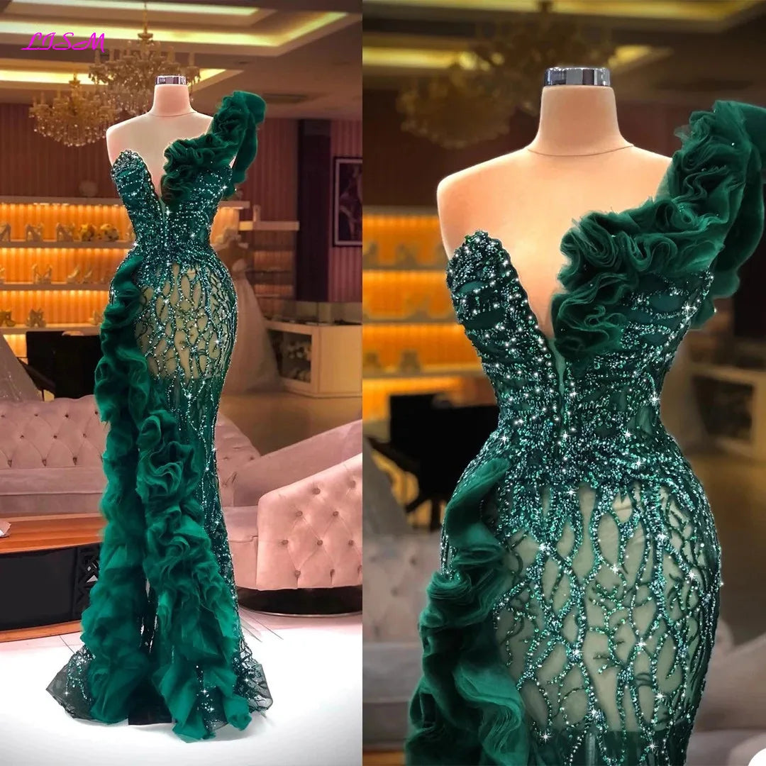 Luxury Beaded Mermaid Evening Gown with Glitter & Side Slit