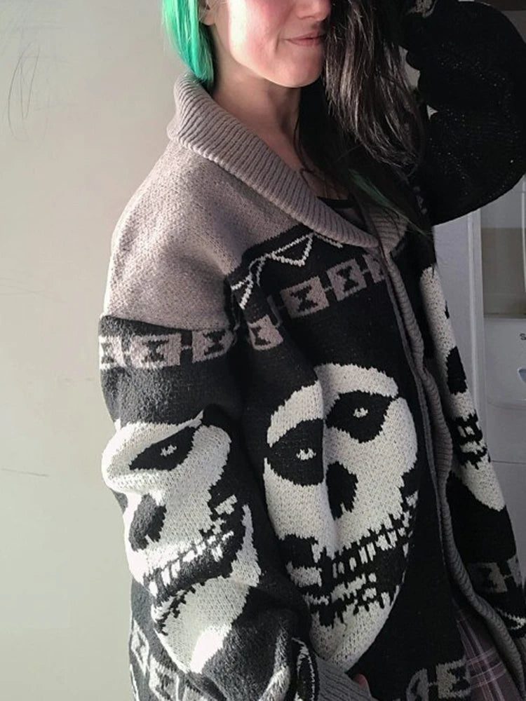 Y2K Gothic Ghost Portrait Knit Sweater – Oversized Harajuku Fall/Winter Cardigan