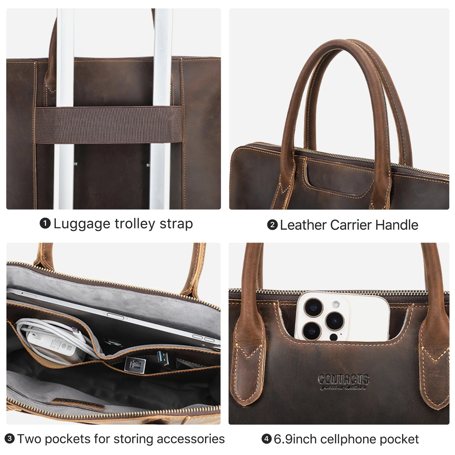 CONTACT'S Genuine Leather Men Business Bag Leather Briefcase Tote Laptop Bags High Quality Men's Bag Handbag for 14.2" Macbook