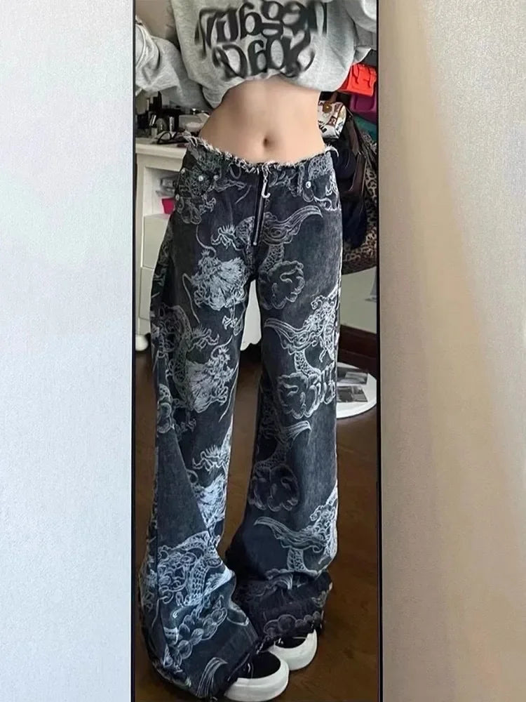 Y2K Dragon Print Baggy High-Waist Denim Jeans for Women