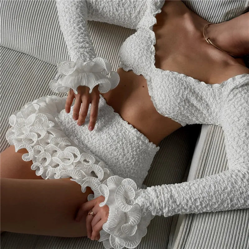 Shestyle Texture White Women 2 Piece Sets Autumn Ruffles Super Short Crop Tops V Neck Sheath Skirts Brand Design Party Outfits