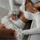 Shestyle Texture White Women 2 Piece Sets Autumn Ruffles Super Short Crop Tops V Neck Sheath Skirts Brand Design Party Outfits