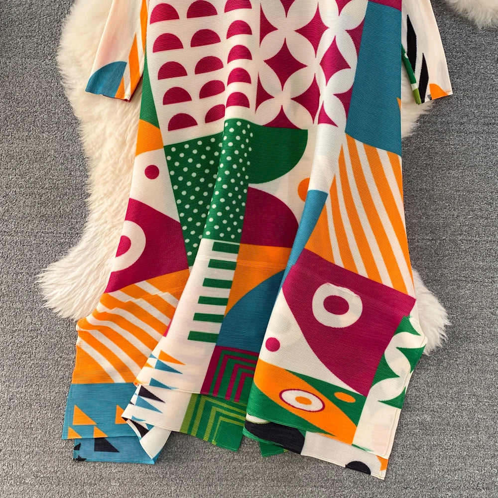 Miyake Pleated Drape Dress – Colorblock Print, 3/4 Sleeve