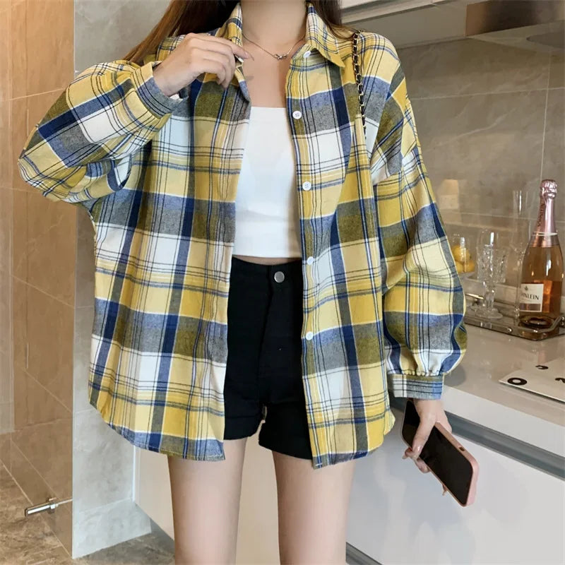 Vintage Plaid Long-Sleeve Blouse