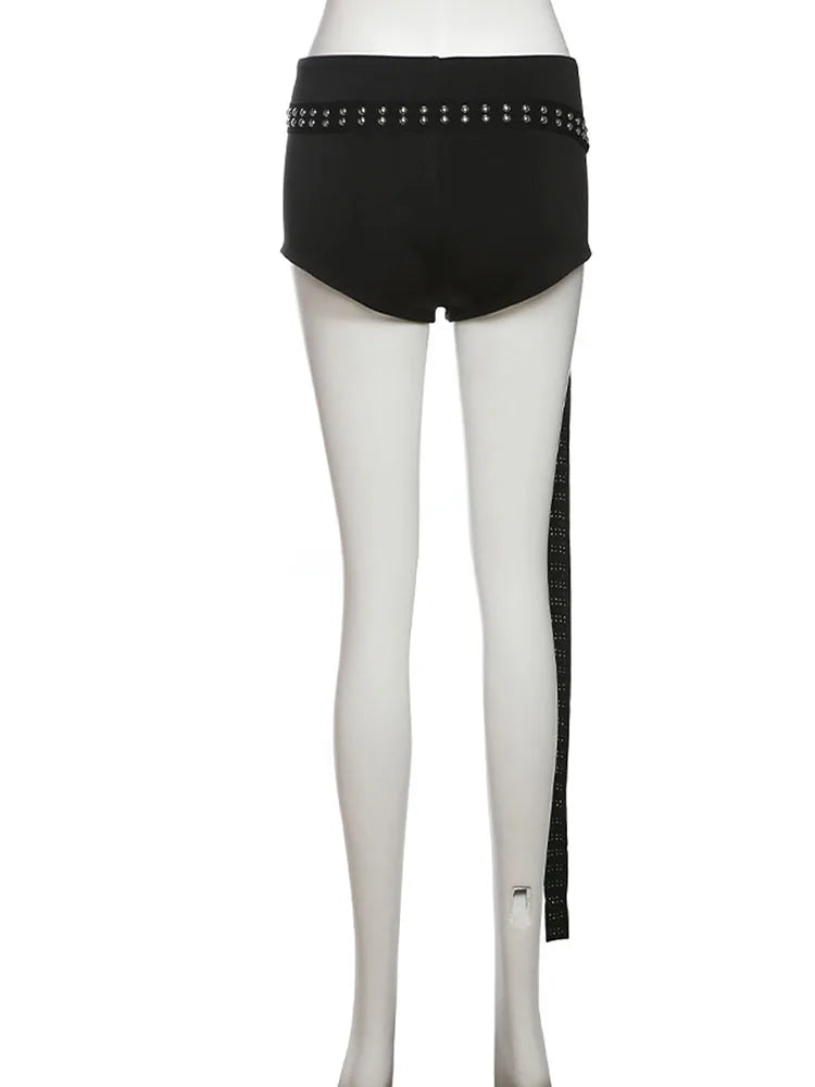 Nibber Sexy Hollow 3-Piece Set Women Hollow Biased Collar Backless Vests+Rivet Waistband+Simple Solid Shorts Slim Midnight Suits